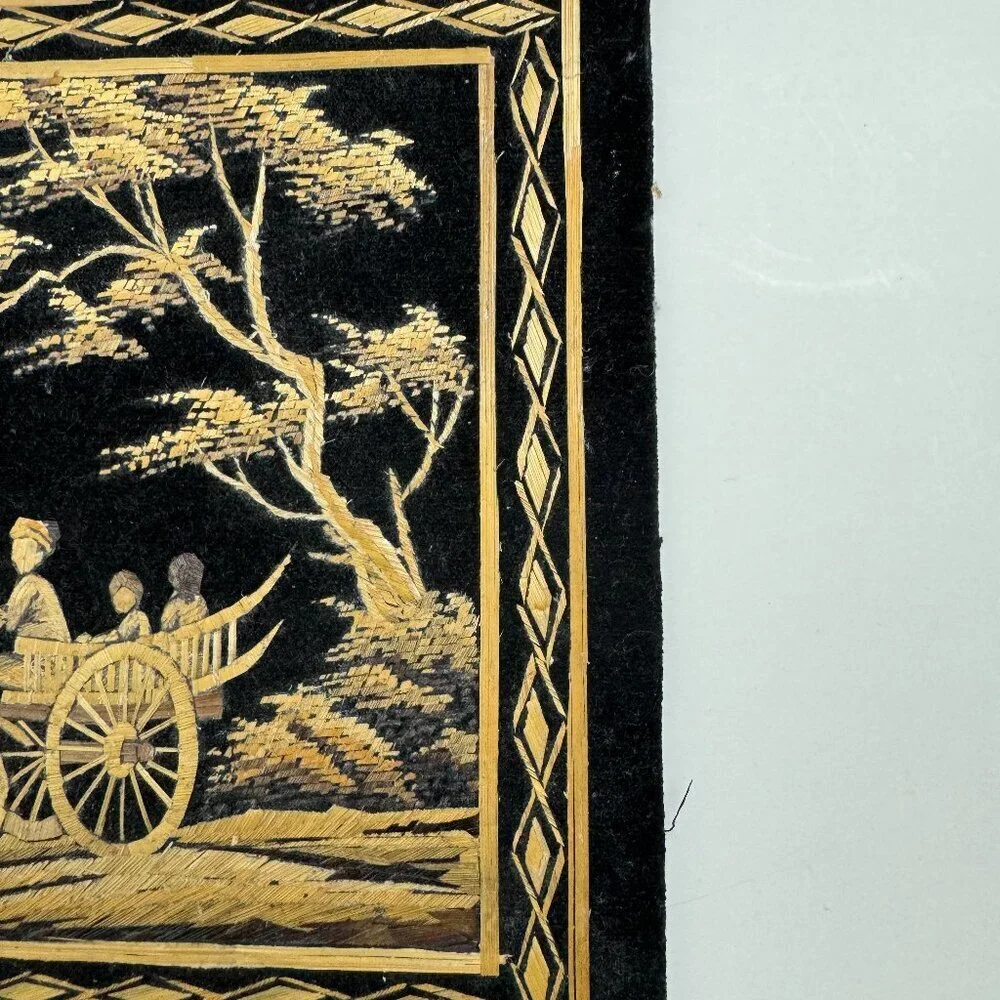 Vintage Wall Art Asian Scene Straw on Black Velvet  Handmade
